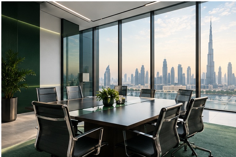 Finzo meeting room overlooking the Dubai skyline